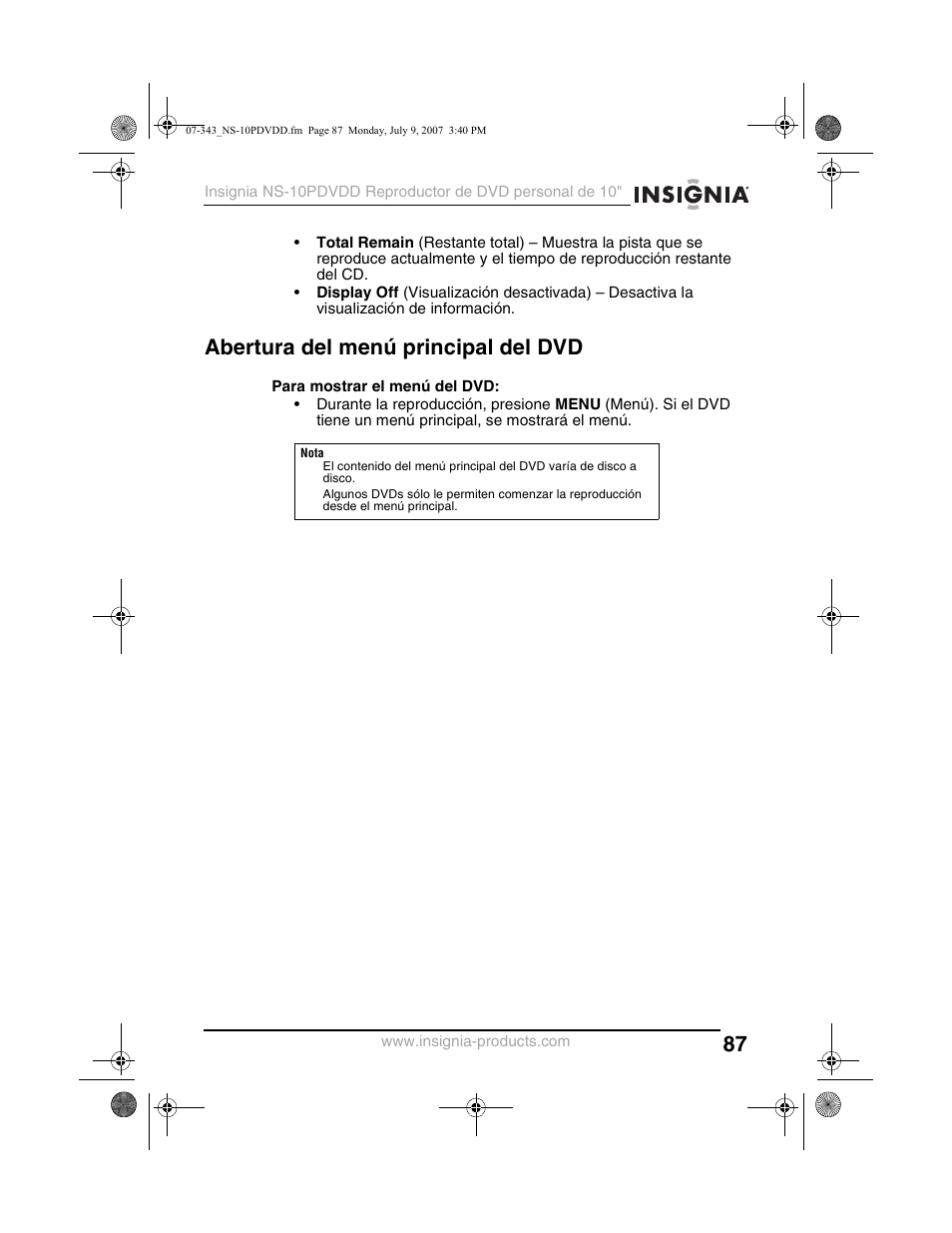 Abertura del menú principal del dvd | Insignia NS-10PDVDD User Manual | Page 89 / 108