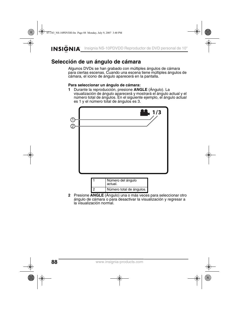 Selección de un ángulo de cámara | Insignia NS-10PDVDD User Manual | Page 90 / 108