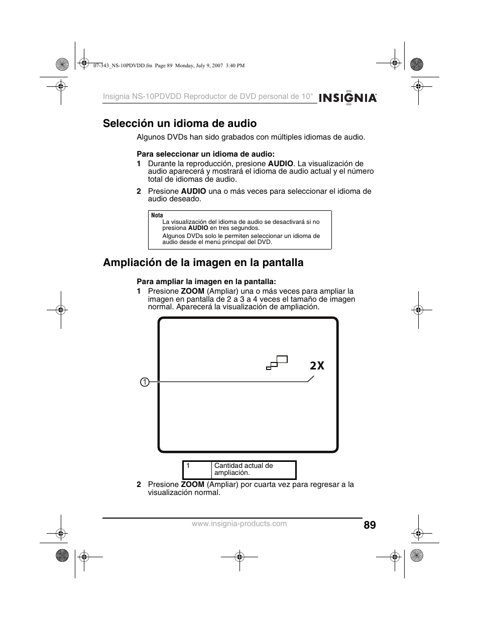 Selección un idioma de audio, Ampliación de la imagen en la pantalla | Insignia NS-10PDVDD User Manual | Page 91 / 108