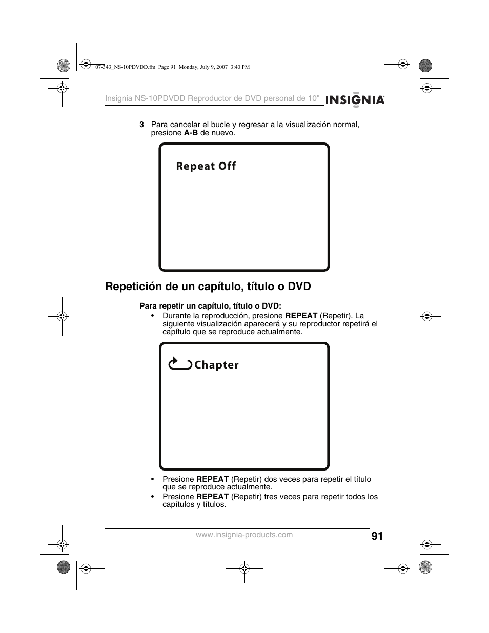 Repeat off chapter, Repetición de un capítulo, título o dvd | Insignia NS-10PDVDD User Manual | Page 93 / 108