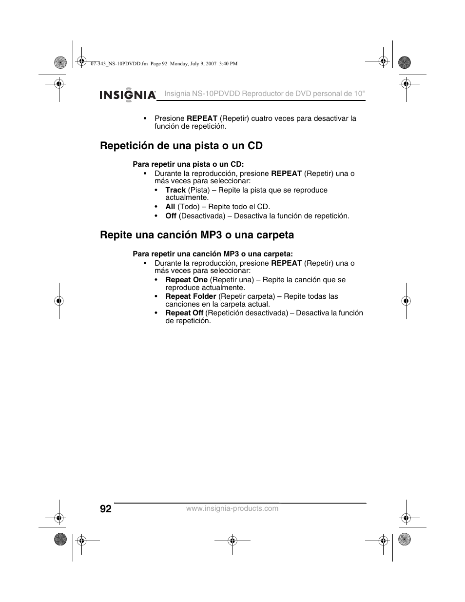Repetición de una pista o un cd, Repite una canción mp3 o una carpeta | Insignia NS-10PDVDD User Manual | Page 94 / 108