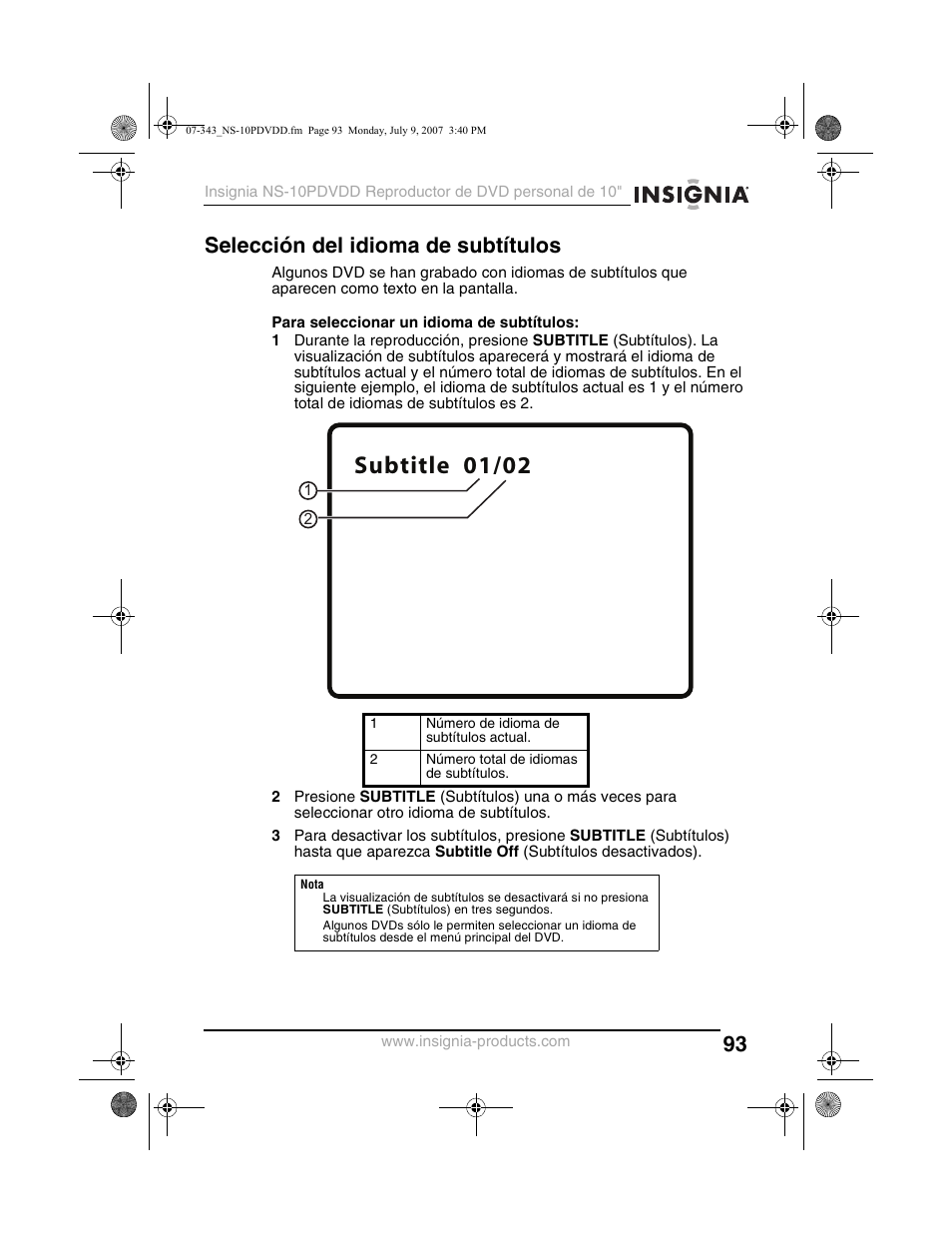 Subtitle 01/02, Selección del idioma de subtítulos | Insignia NS-10PDVDD User Manual | Page 95 / 108