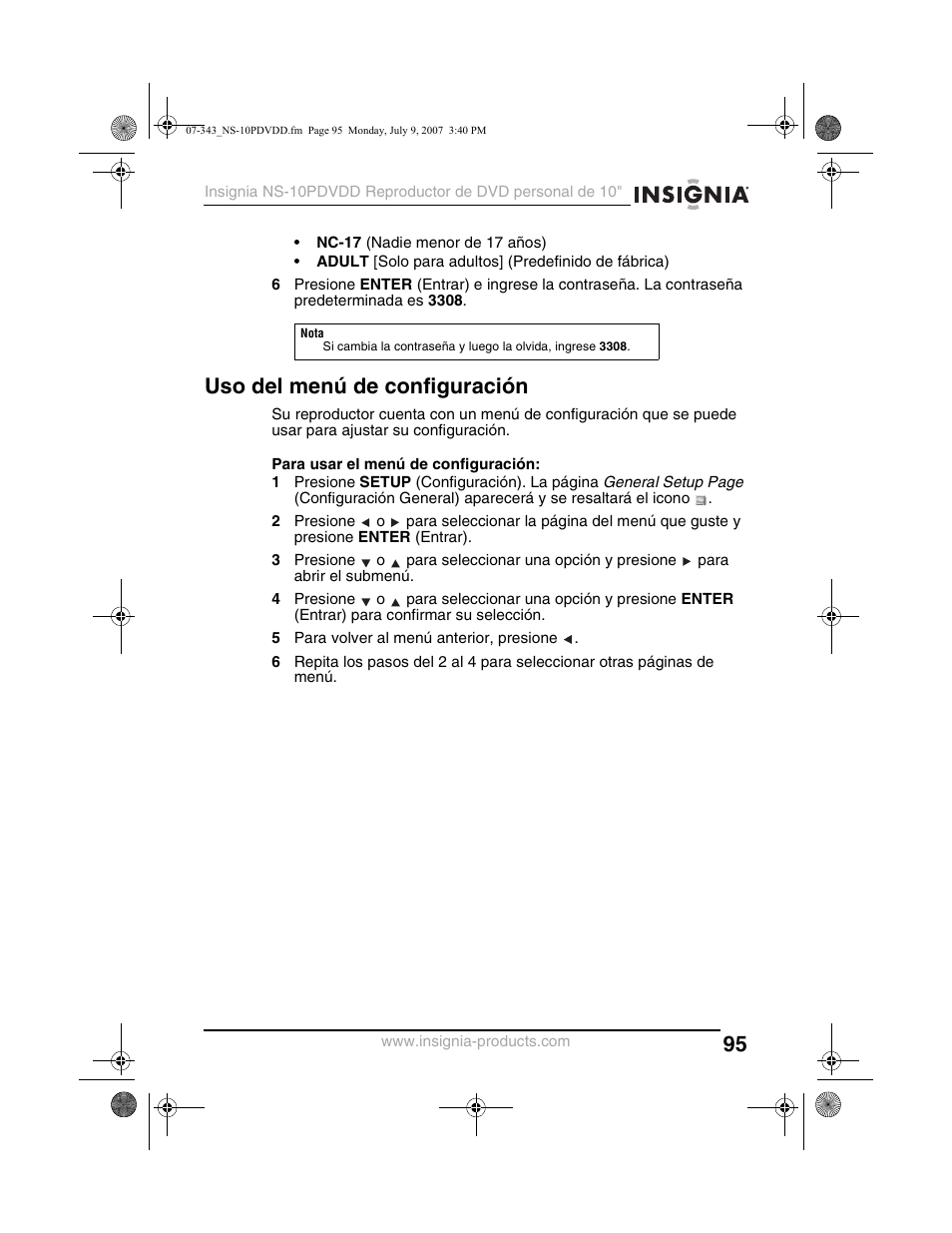 Uso del menú de configuración | Insignia NS-10PDVDD User Manual | Page 97 / 108