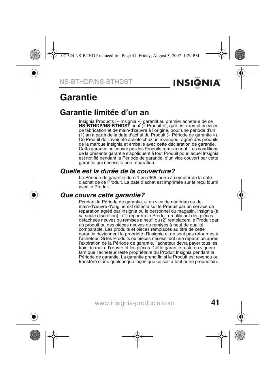 Garantie, Garantie limitée d’un an | Insignia NS-BTHDST User Manual | Page 43 / 72