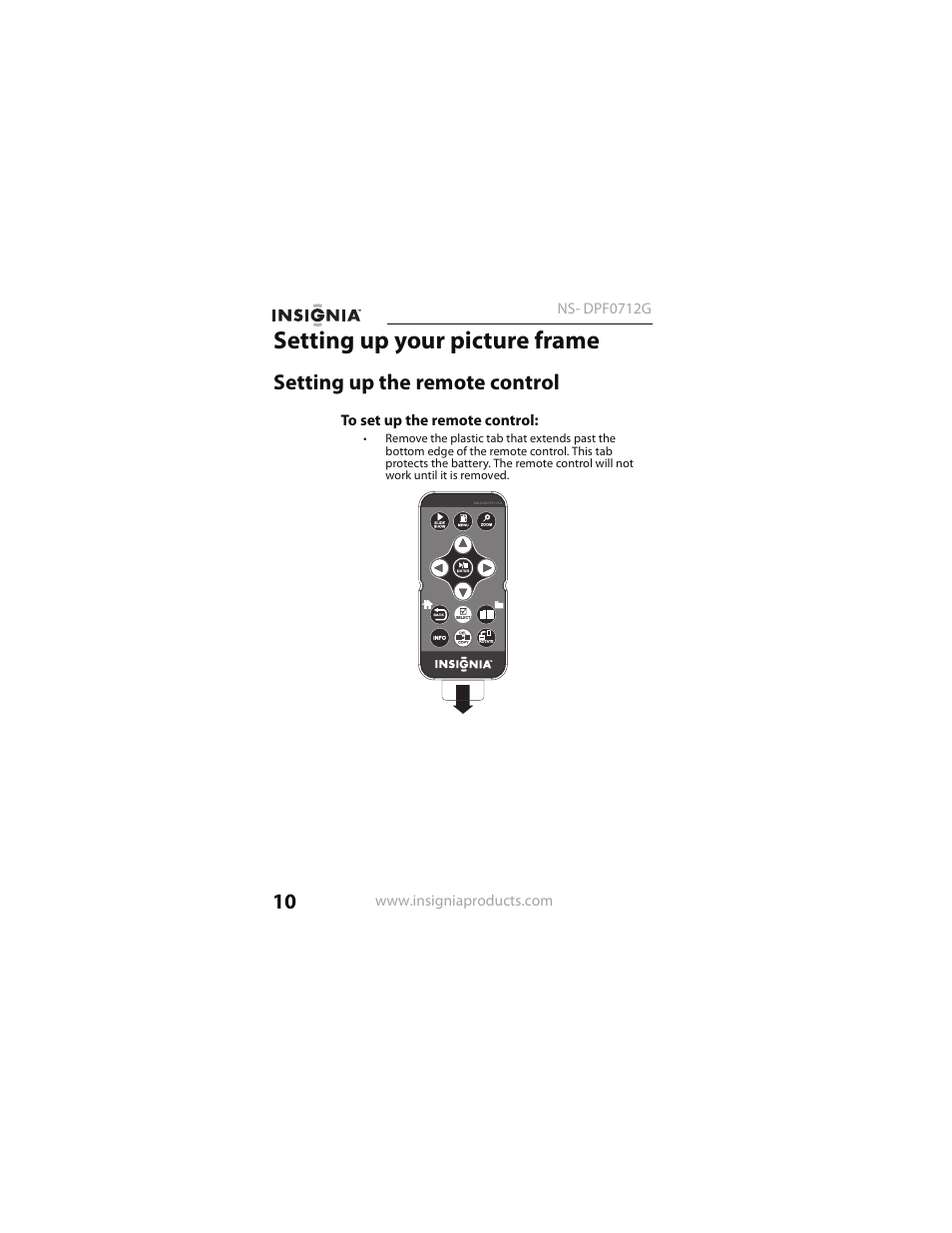 Setting up your picture frame, Setting up the remote control | Insignia NS- DPF0712G User Manual | Page 10 / 36