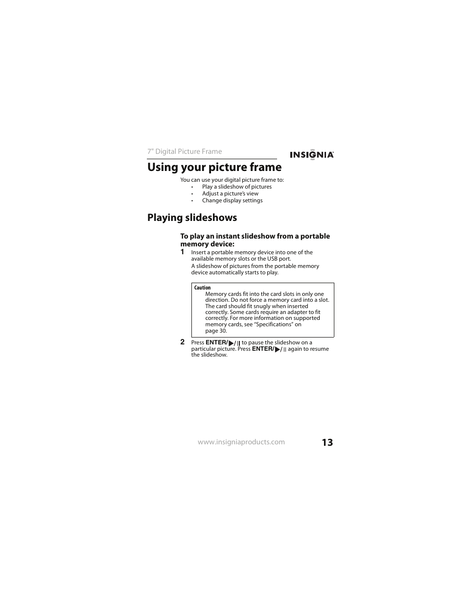 Using your picture frame, Playing slideshows | Insignia NS- DPF0712G User Manual | Page 13 / 36