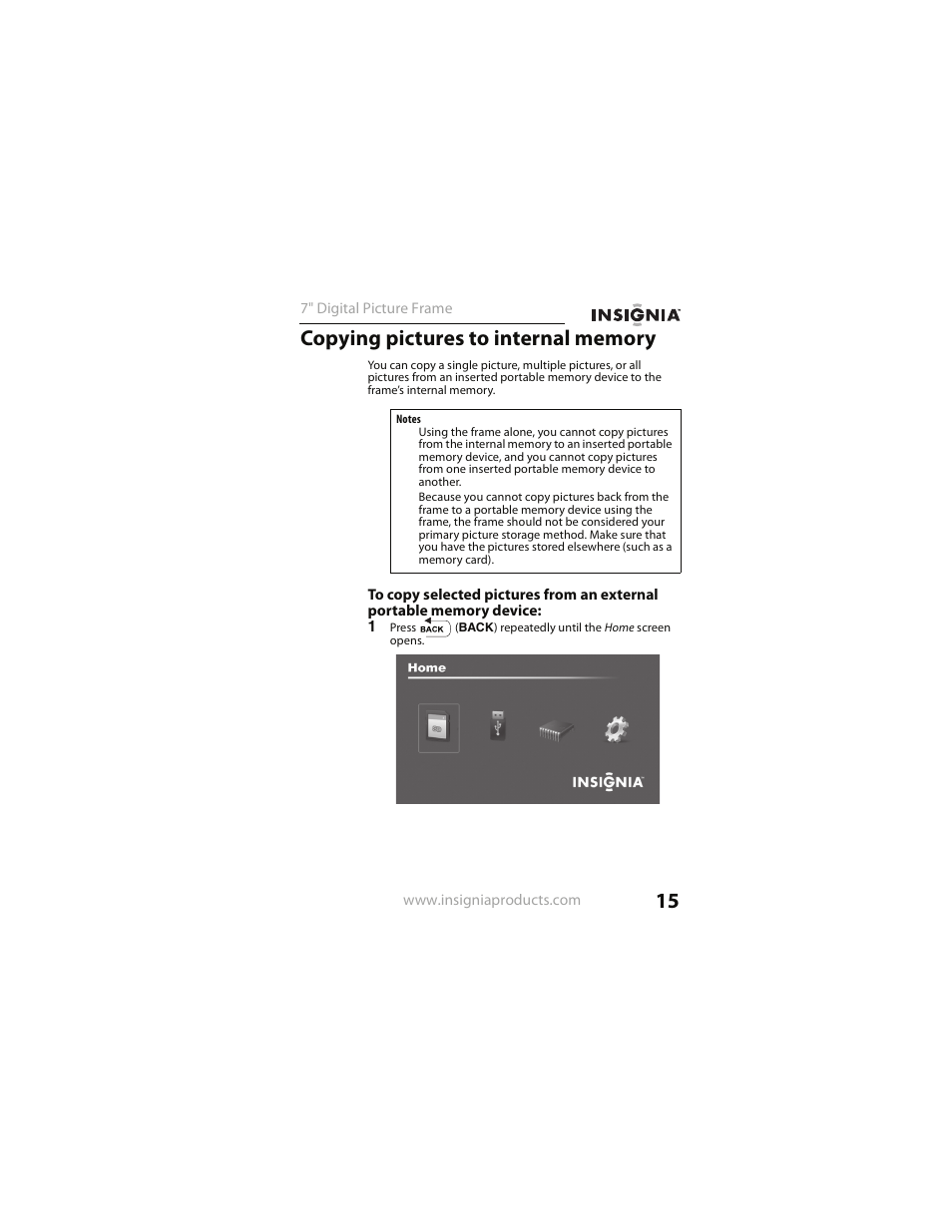Copying pictures to internal memory | Insignia NS- DPF0712G User Manual | Page 15 / 36