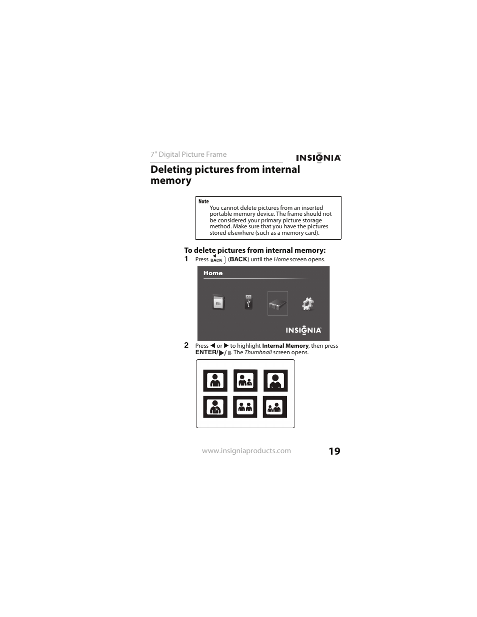Deleting pictures from internal memory | Insignia NS- DPF0712G User Manual | Page 19 / 36