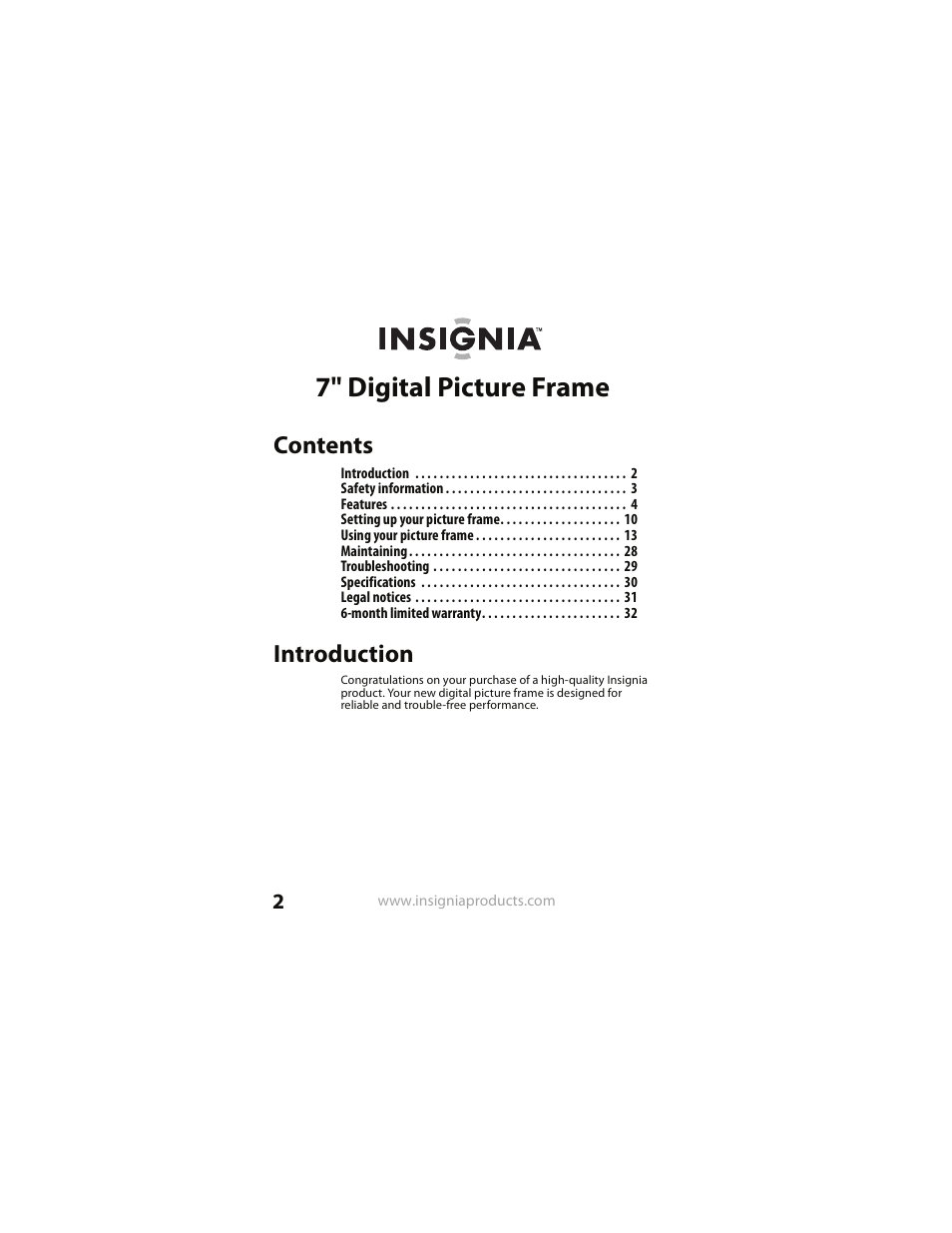 Insignia NS- DPF0712G User Manual | Page 2 / 36