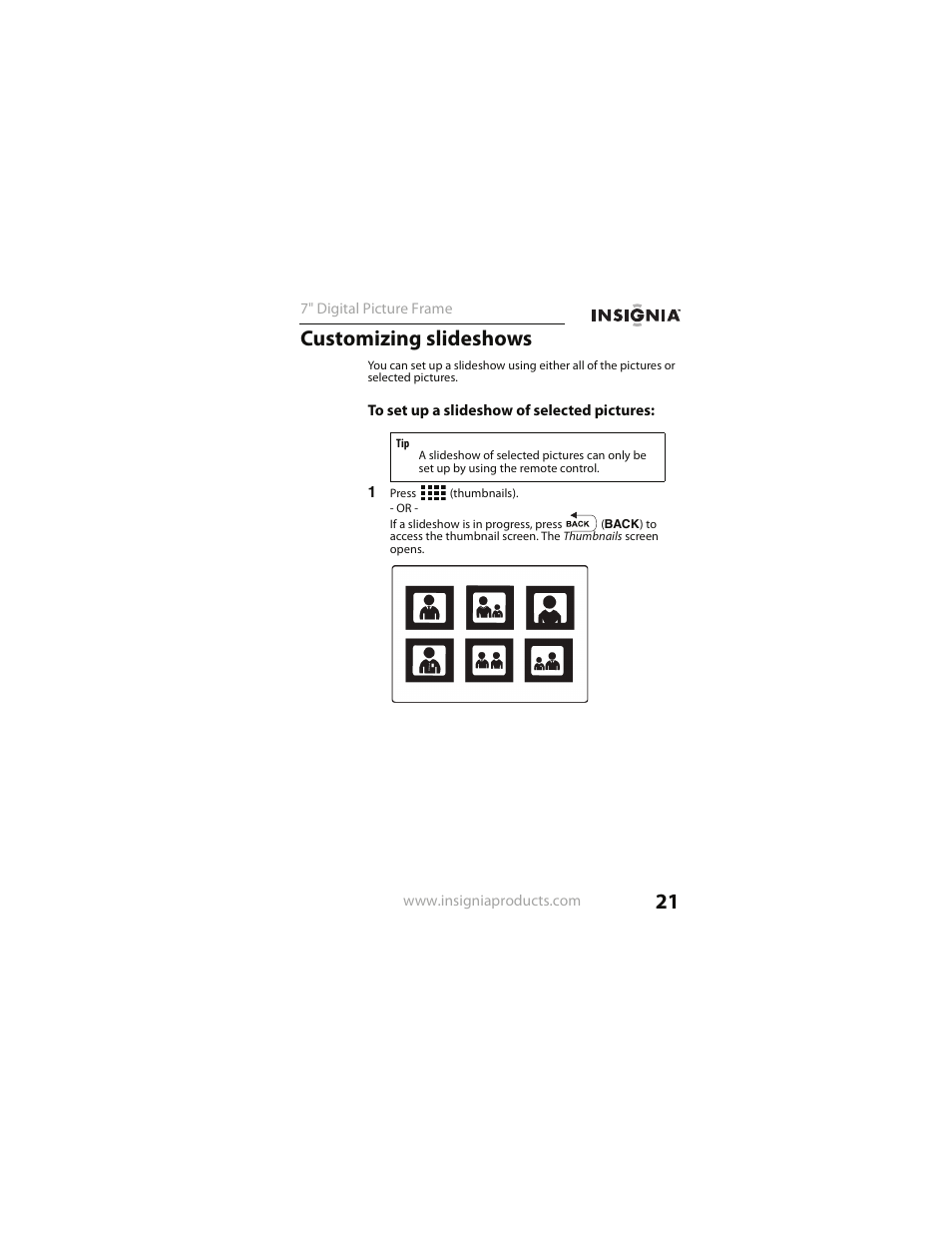 Customizing slideshows | Insignia NS- DPF0712G User Manual | Page 21 / 36