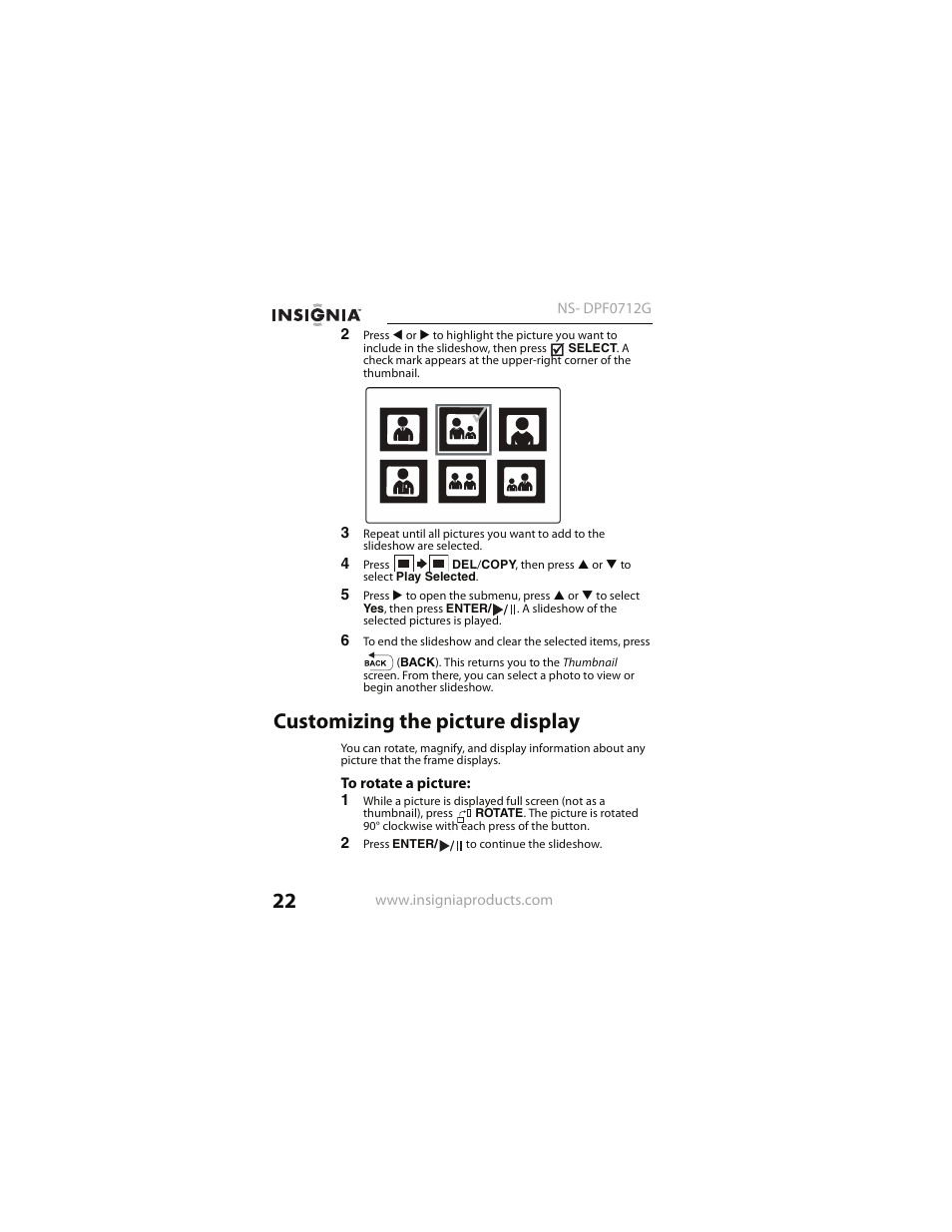 Customizing the picture display | Insignia NS- DPF0712G User Manual | Page 22 / 36