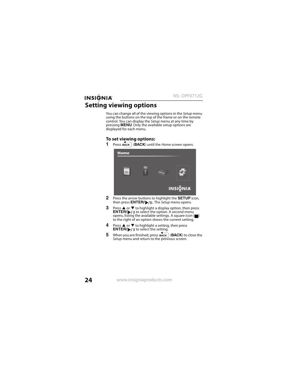 Setting viewing options | Insignia NS- DPF0712G User Manual | Page 24 / 36
