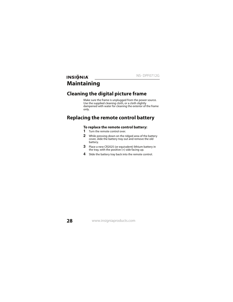 Maintaining, Cleaning the digital picture frame, Replacing the remote control battery | Insignia NS- DPF0712G User Manual | Page 28 / 36