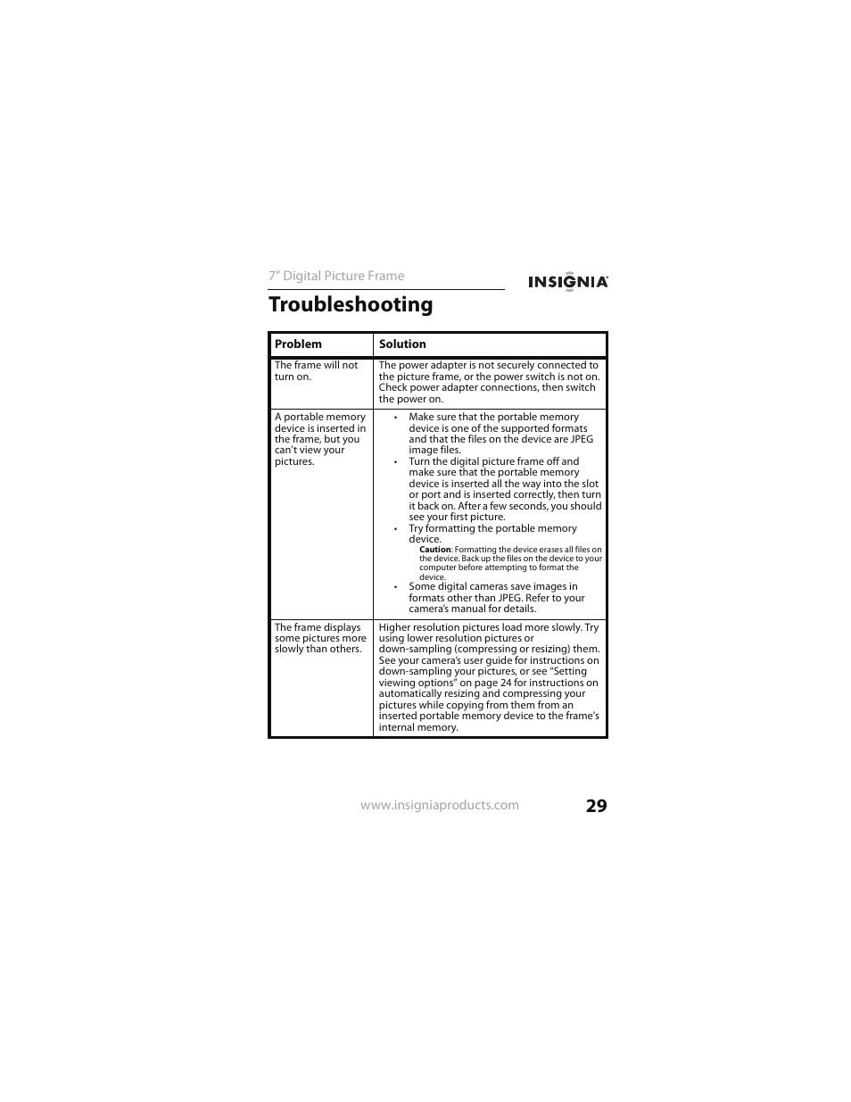 Troubleshooting | Insignia NS- DPF0712G User Manual | Page 29 / 36