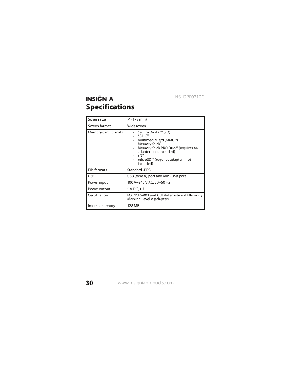 Specifications | Insignia NS- DPF0712G User Manual | Page 30 / 36