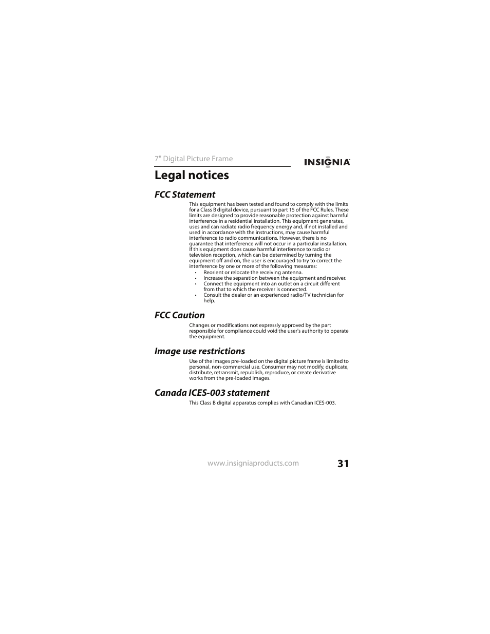 Legal notices, Fcc statement, Fcc caution | Image use restrictions, Canada ices-003 statement | Insignia NS- DPF0712G User Manual | Page 31 / 36