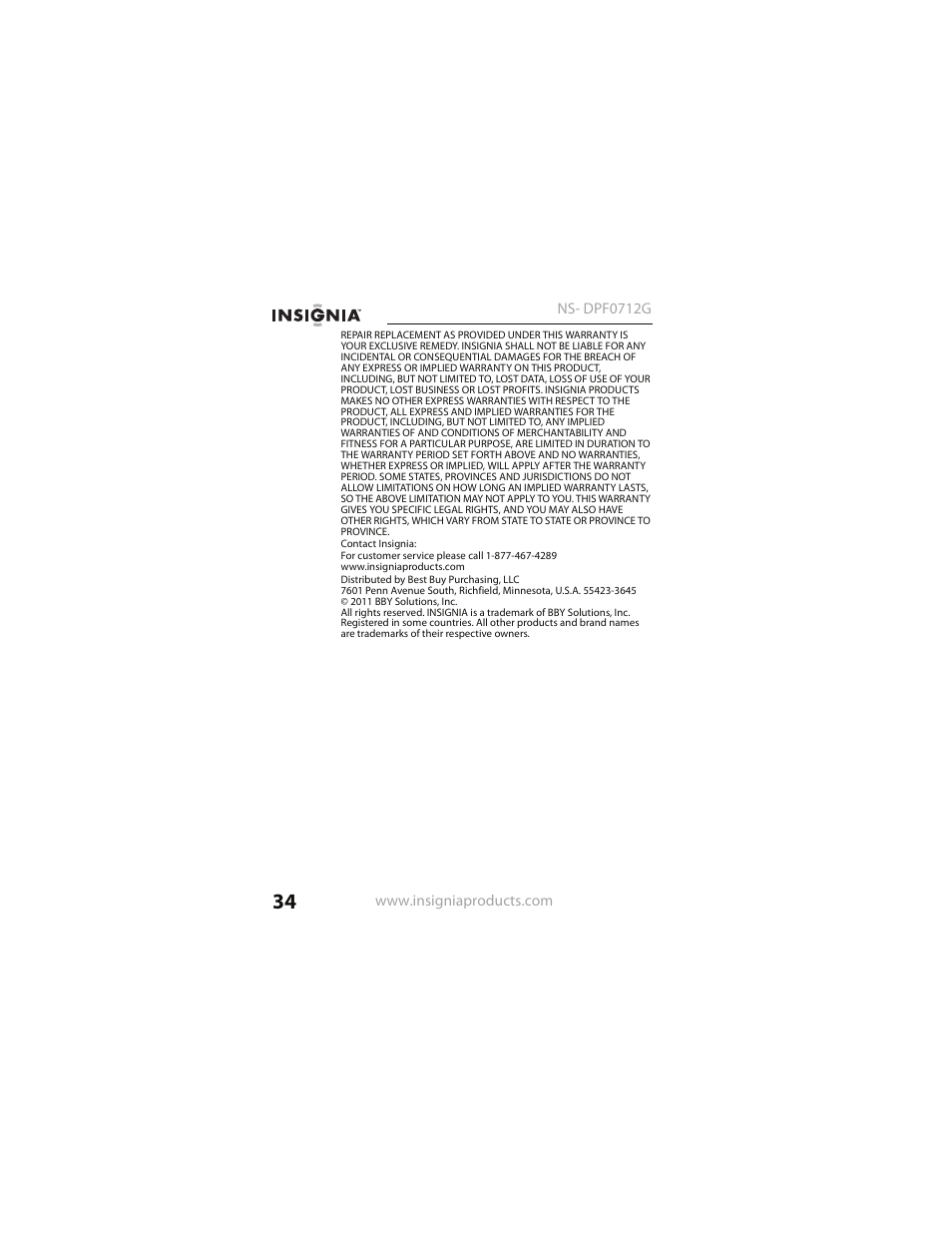 Insignia NS- DPF0712G User Manual | Page 34 / 36