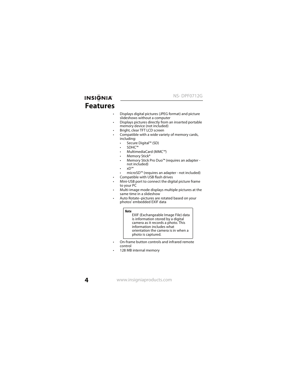 Features | Insignia NS- DPF0712G User Manual | Page 4 / 36