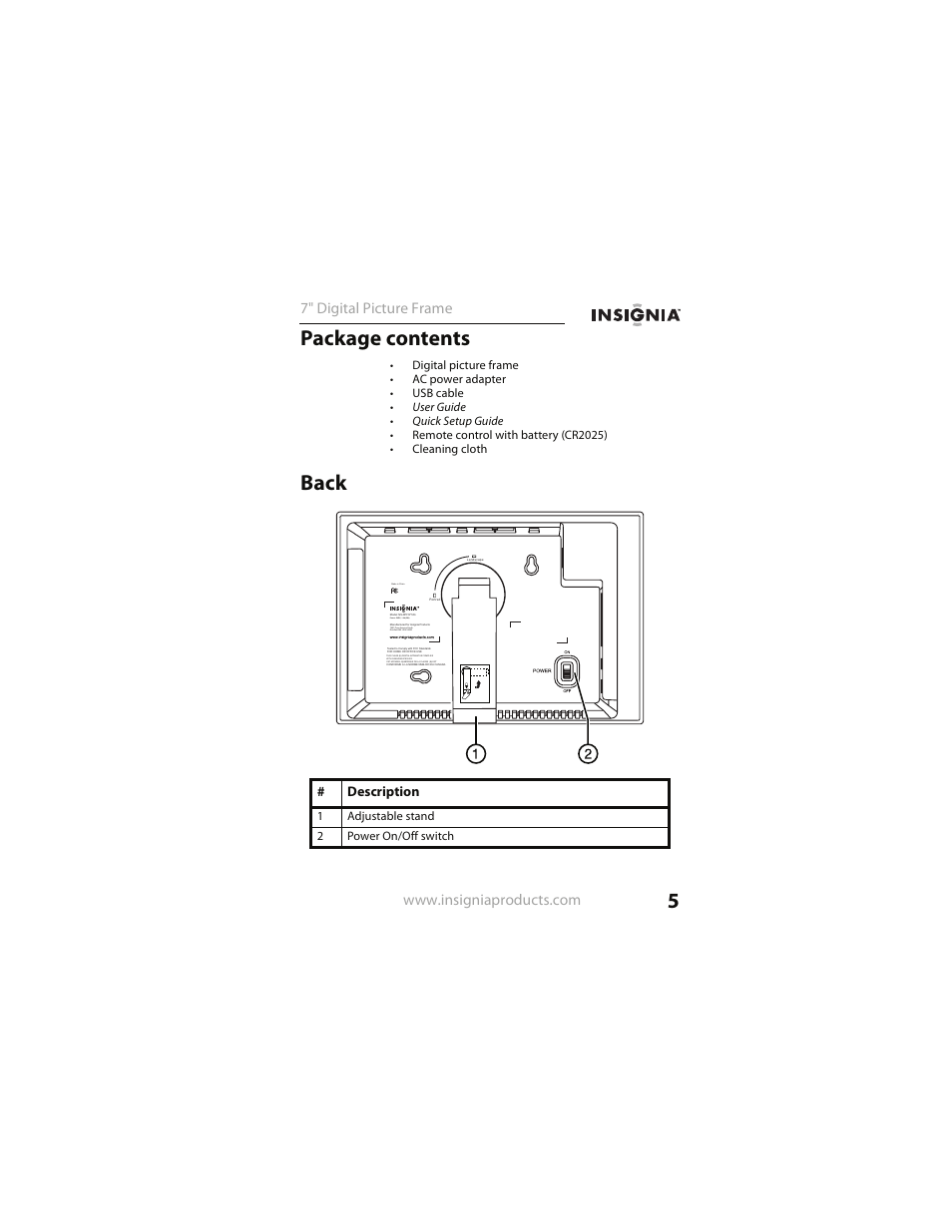 Package contents, Back, 7" digital picture frame | Description, Power: 5vdc, 1.0a (5w) | Insignia NS- DPF0712G User Manual | Page 5 / 36