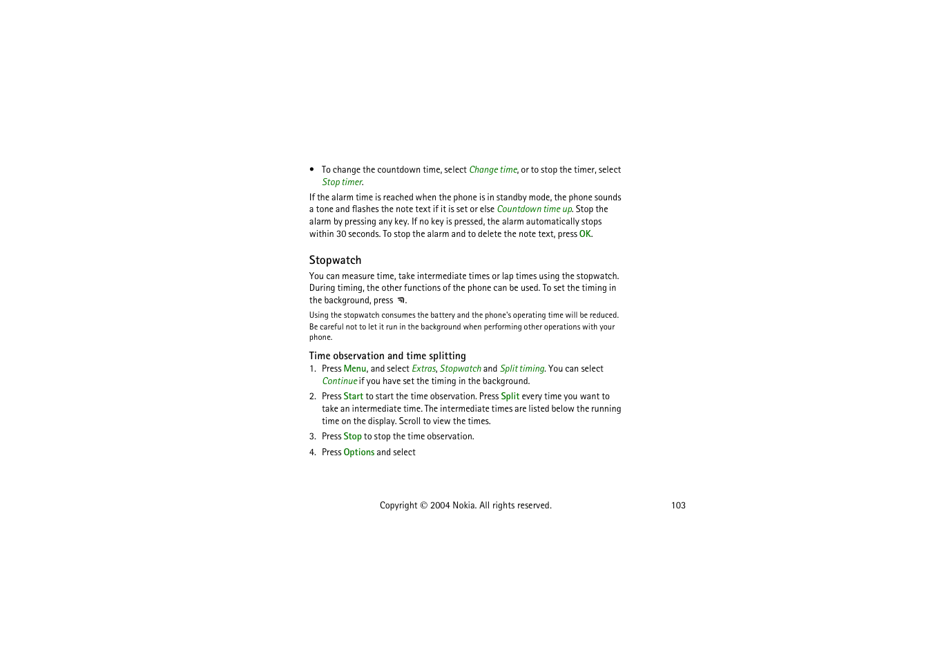 Stopwatch, Time observation and time splitting | Nokia 3120  EN User Manual | Page 103 / 129