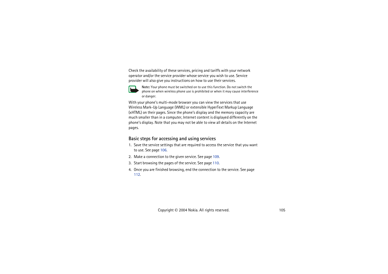Basic steps for accessing and using services | Nokia 3120  EN User Manual | Page 105 / 129
