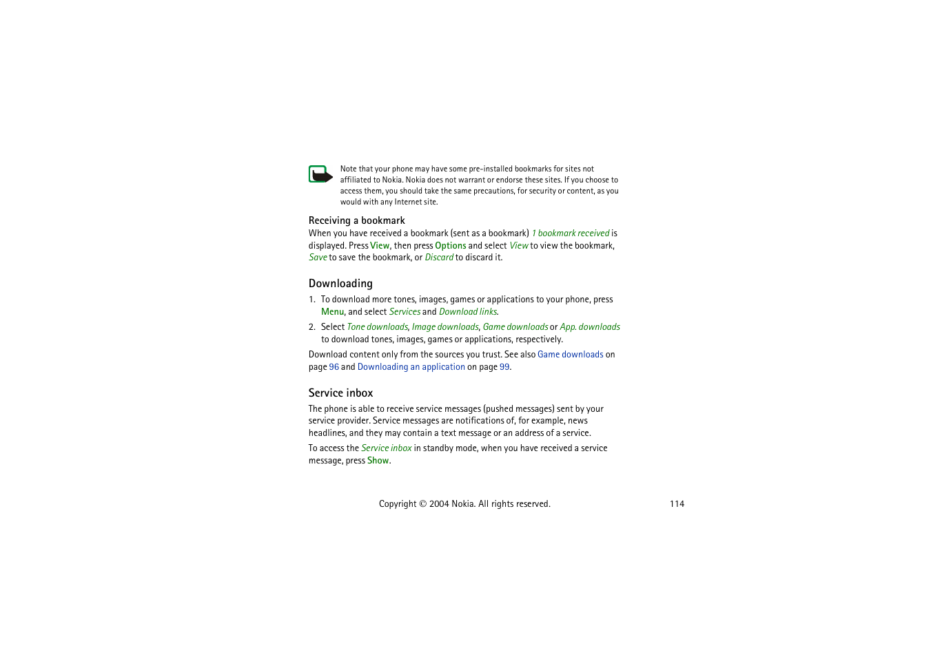 Receiving a bookmark, Downloading, Service inbox | Downloading service inbox | Nokia 3120  EN User Manual | Page 114 / 129
