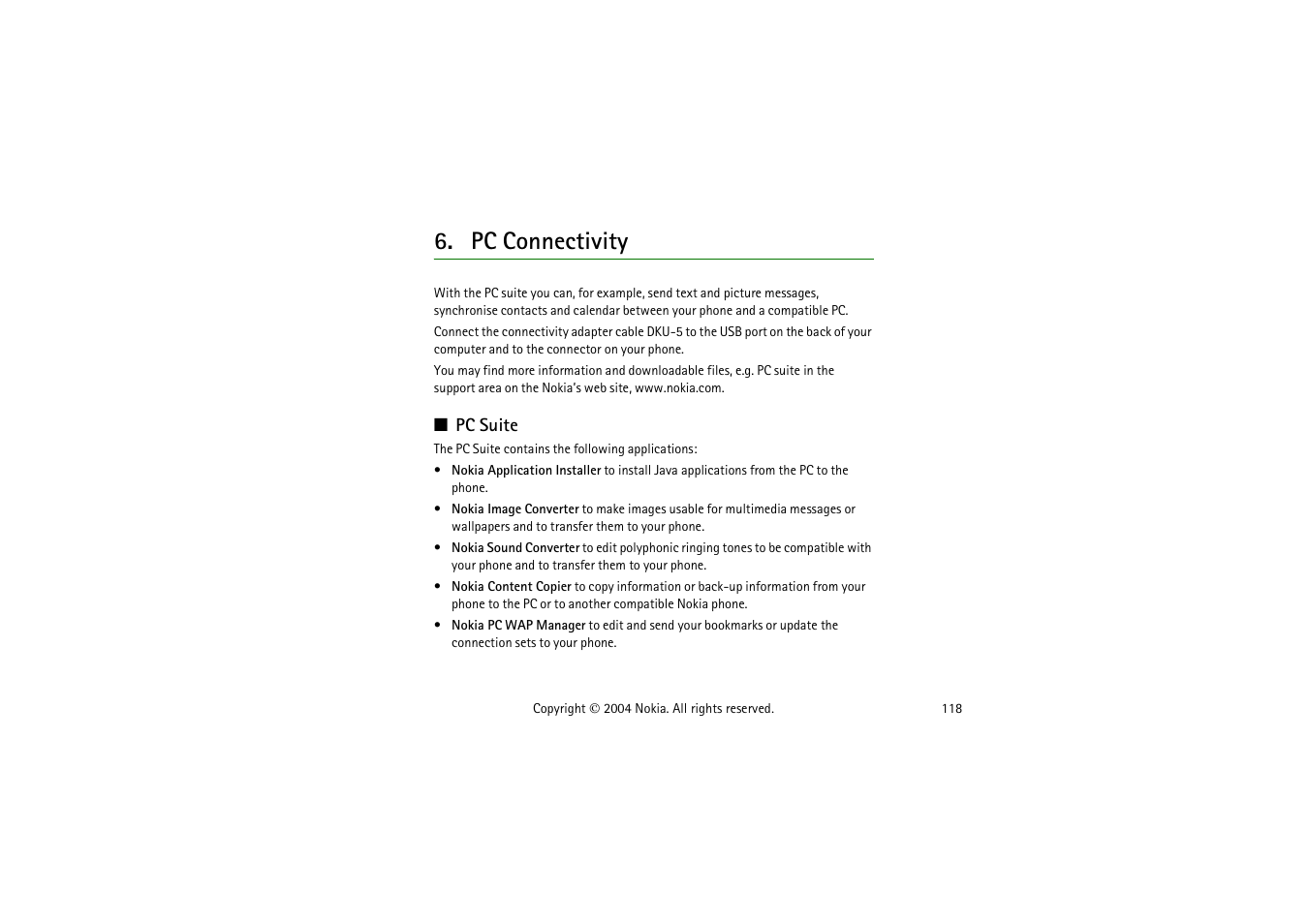 Pc connectivity, Pc suite, Suite | Nokia 3120  EN User Manual | Page 118 / 129