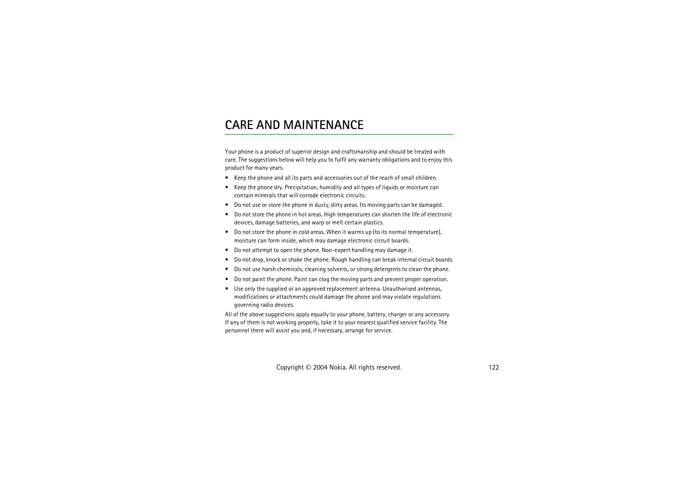 Care and maintenance | Nokia 3120  EN User Manual | Page 122 / 129