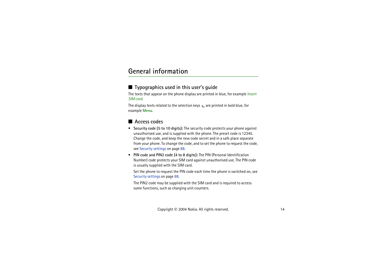 General information, Typographics used in this user’s guide, Access codes | Nokia 3120  EN User Manual | Page 14 / 129