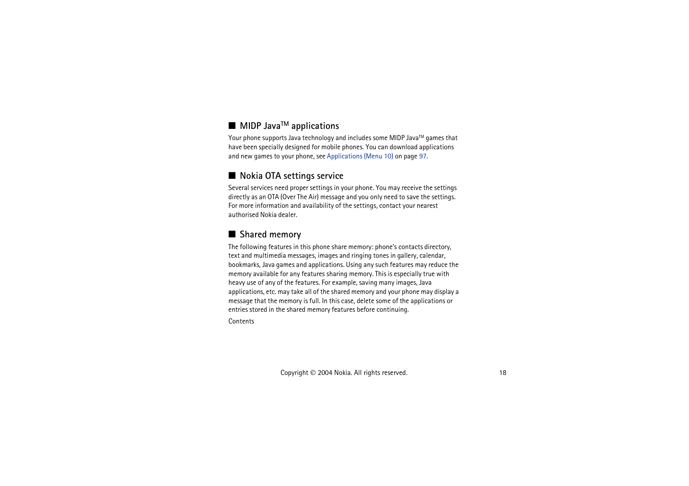 Midp java, Nokia ota settings service, Shared memory | Nokia 3120  EN User Manual | Page 18 / 129