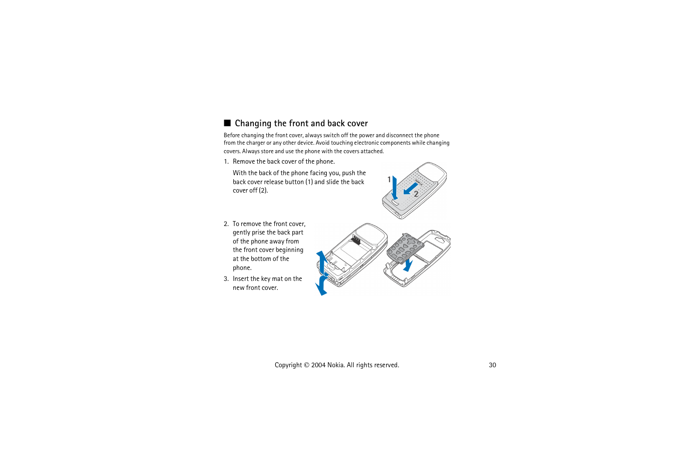 Changing the front and back cover | Nokia 3120  EN User Manual | Page 30 / 129