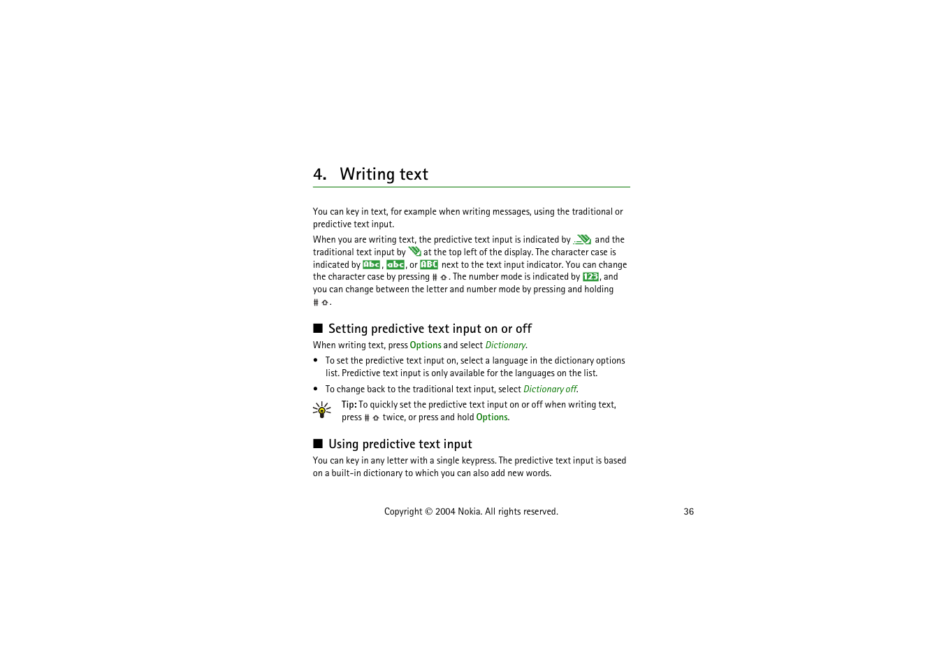 Writing text, Setting predictive text input on or off, Using predictive text input | Nokia 3120  EN User Manual | Page 36 / 129