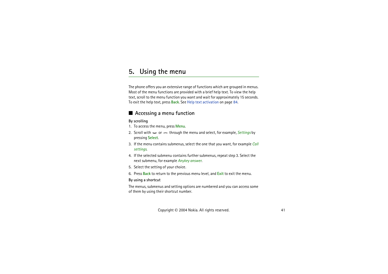 Using the menu, Accessing a menu function | Nokia 3120  EN User Manual | Page 41 / 129