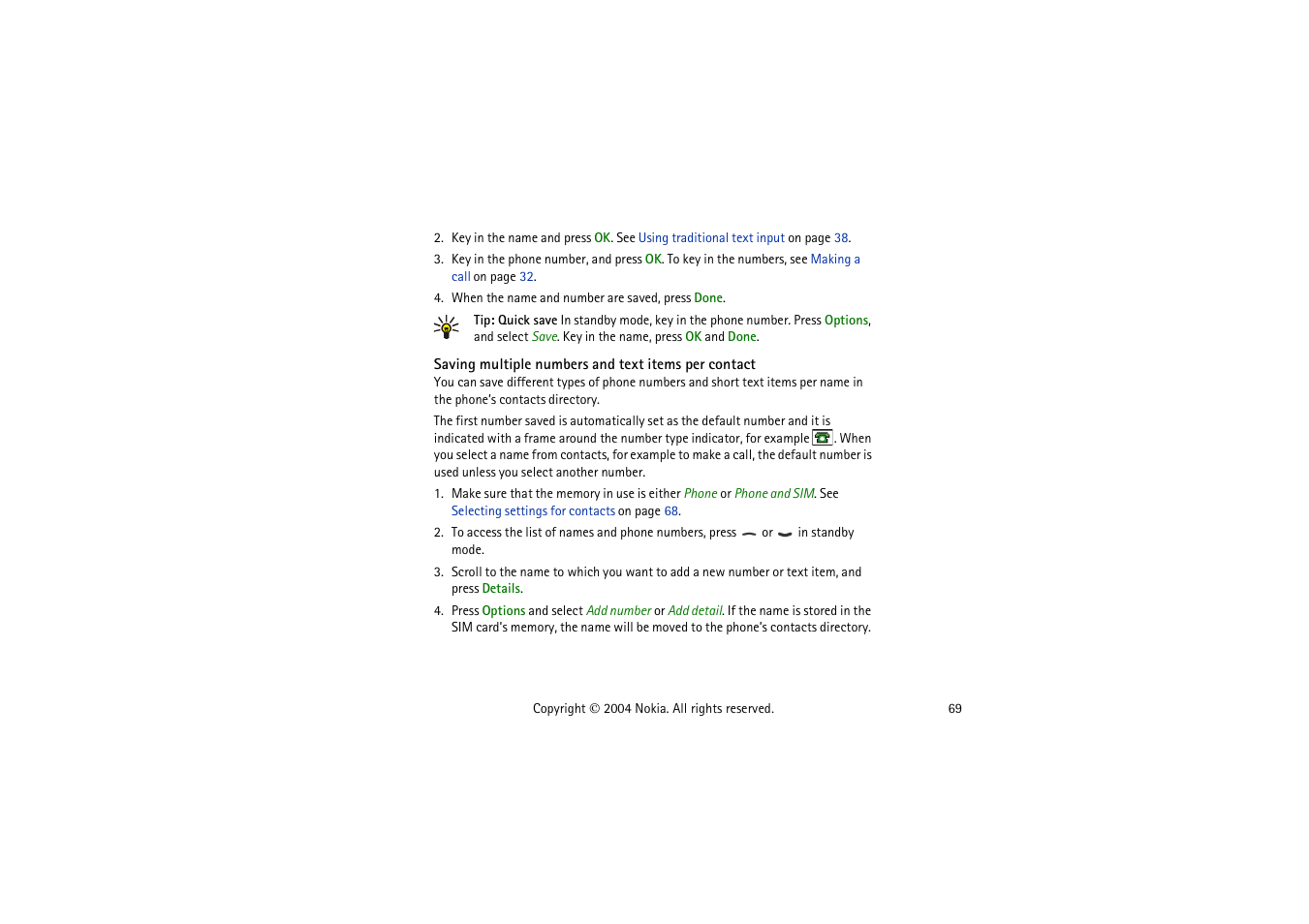 Saving multiple numbers and text items per contact, Saving multiple numbers and text items per, Contact | Nokia 3120  EN User Manual | Page 69 / 129