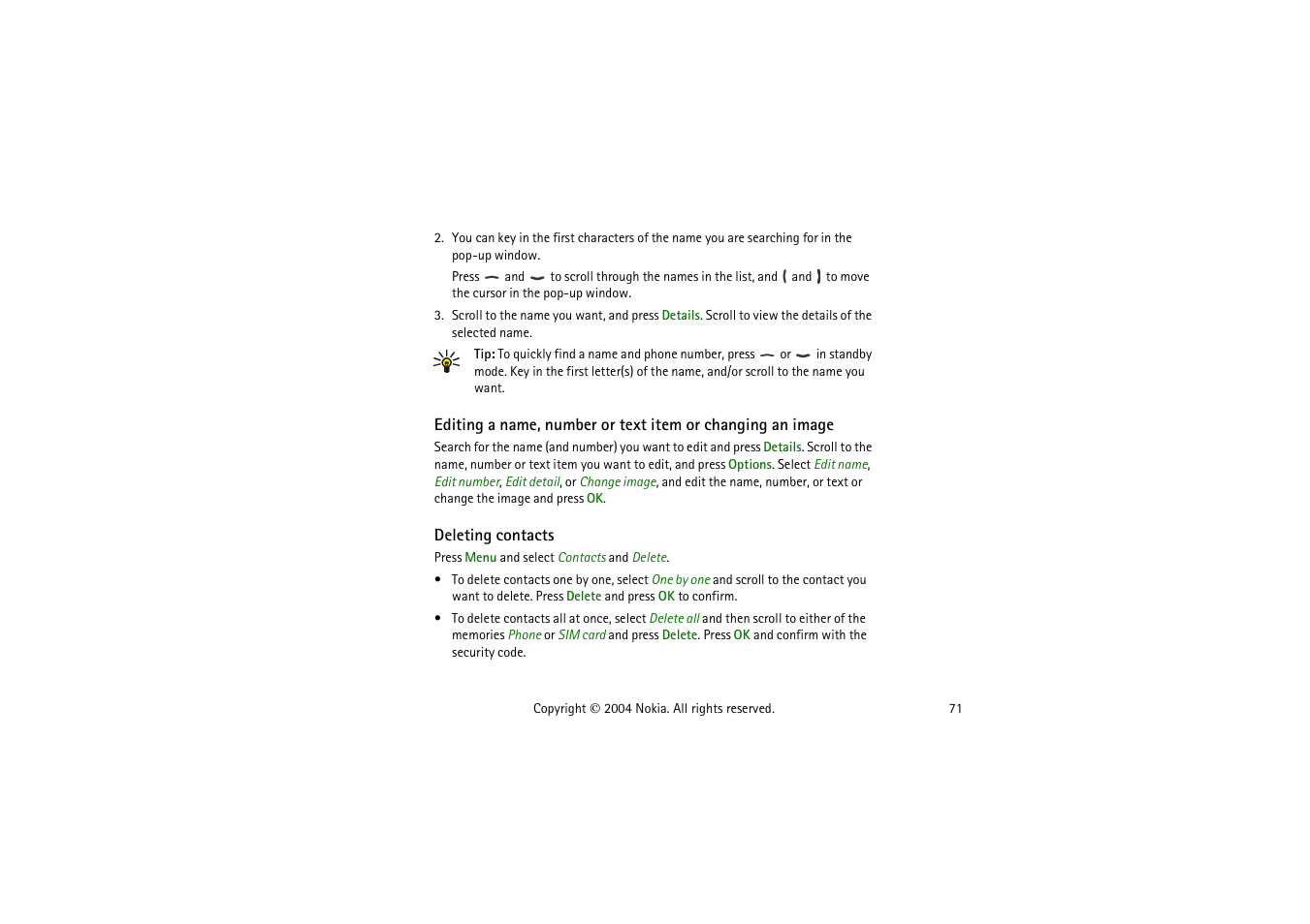 Deleting contacts, Cell info display | Nokia 3120  EN User Manual | Page 71 / 129