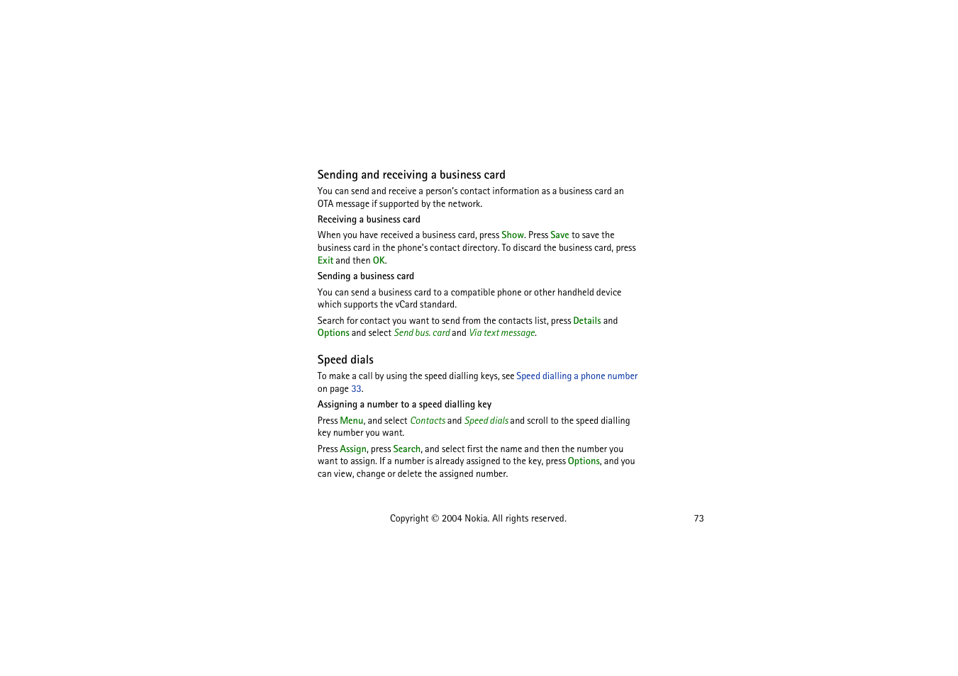 Sending and receiving a business card, Speed dials, Sending and receiving a business card speed dials | Nokia 3120  EN User Manual | Page 73 / 129