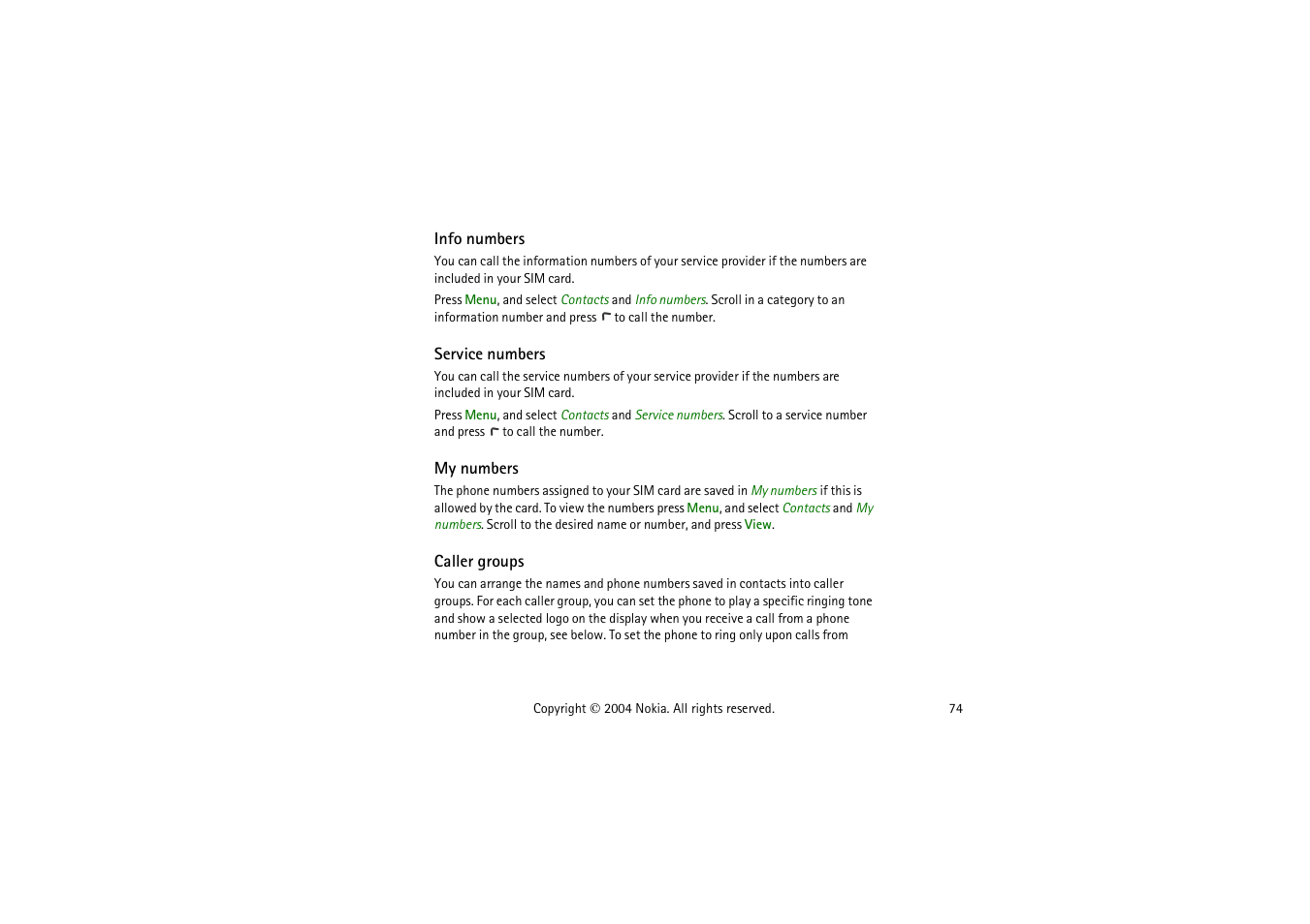 Info numbers, Service numbers, My numbers | Caller groups | Nokia 3120  EN User Manual | Page 74 / 129