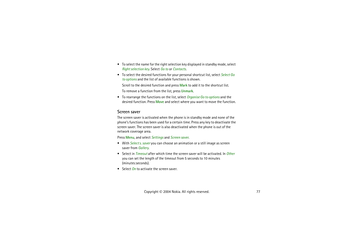 Screen saver | Nokia 3120  EN User Manual | Page 77 / 129