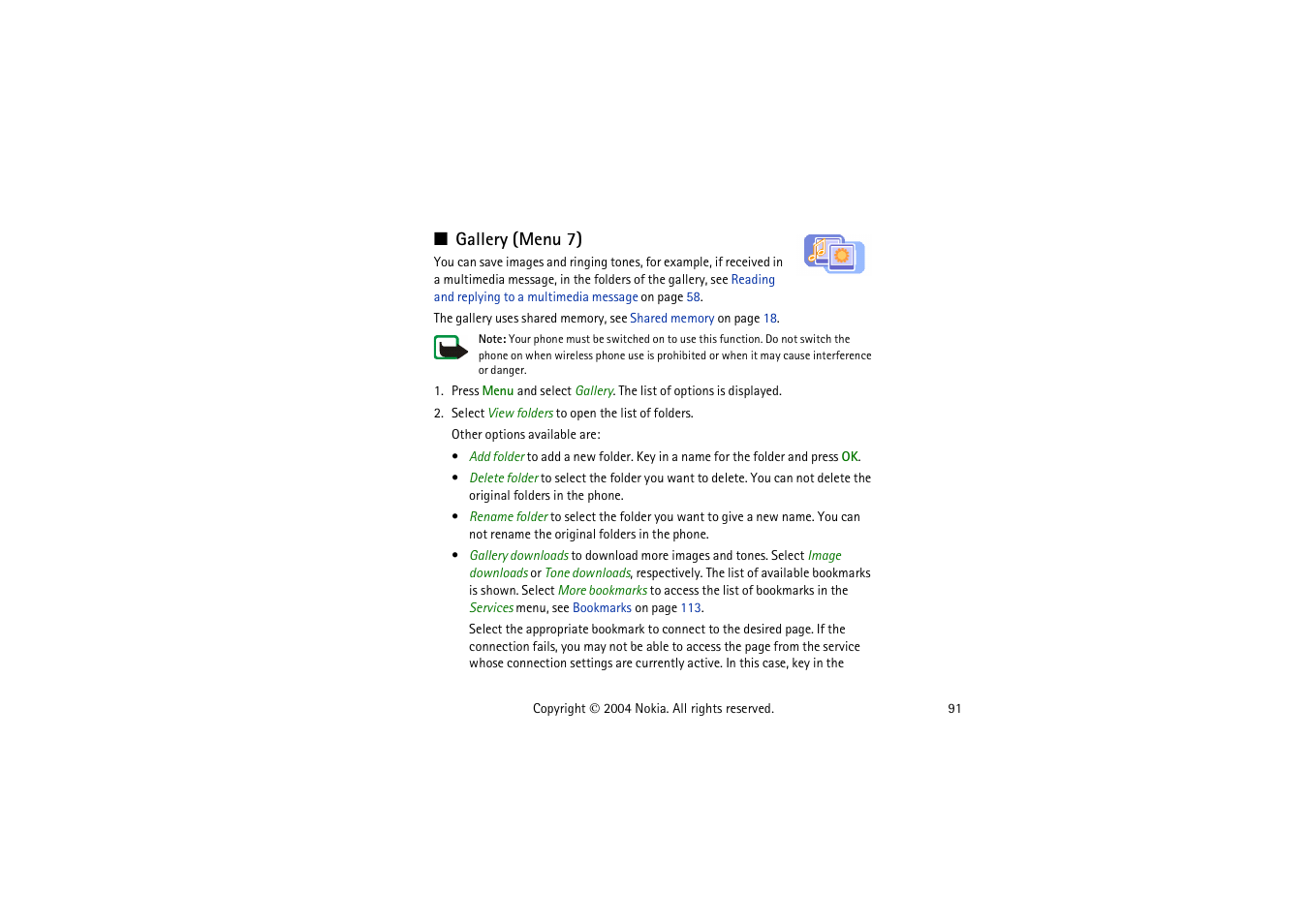 Gallery (menu 7) | Nokia 3120  EN User Manual | Page 91 / 129