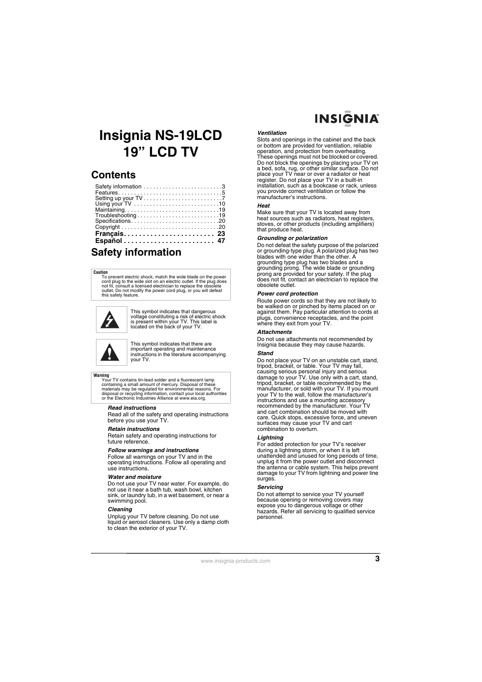 Insignia NS-19LCD User Manual | Page 3 / 72