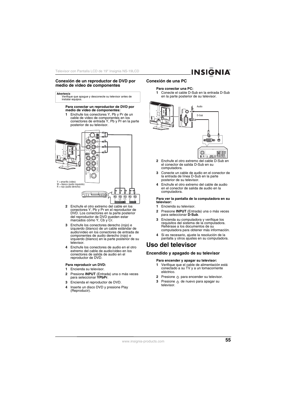 Uso del televisor | Insignia NS-19LCD User Manual | Page 55 / 72