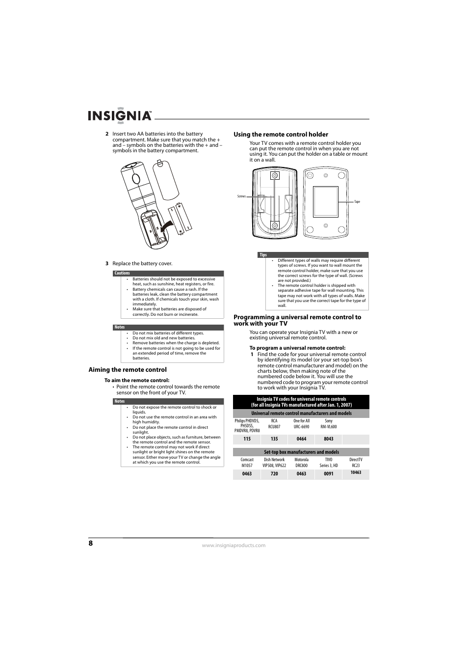Aiming the remote control, Using the remote control holder | Insignia NS-L55X-10A User Manual | Page 12 / 60