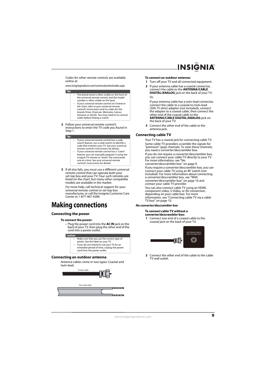 Making connections, Connecting the power, Connecting an outdoor antenna | Connecting cable tv, Ee “connecting an outdoor antenna | Insignia NS-L55X-10A User Manual | Page 13 / 60