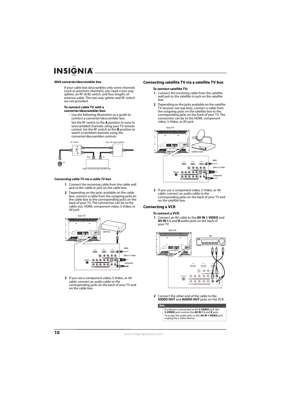 Connecting satellite tv via a satellite tv box, Connecting a vcr, Ee “connecting a vcr | Connecting a vcr” o, Connecting a vcr” on, With converter/descrambler box, Ge 10 a, Connecting cable tv via a cable tv box | Insignia NS-L55X-10A User Manual | Page 14 / 60