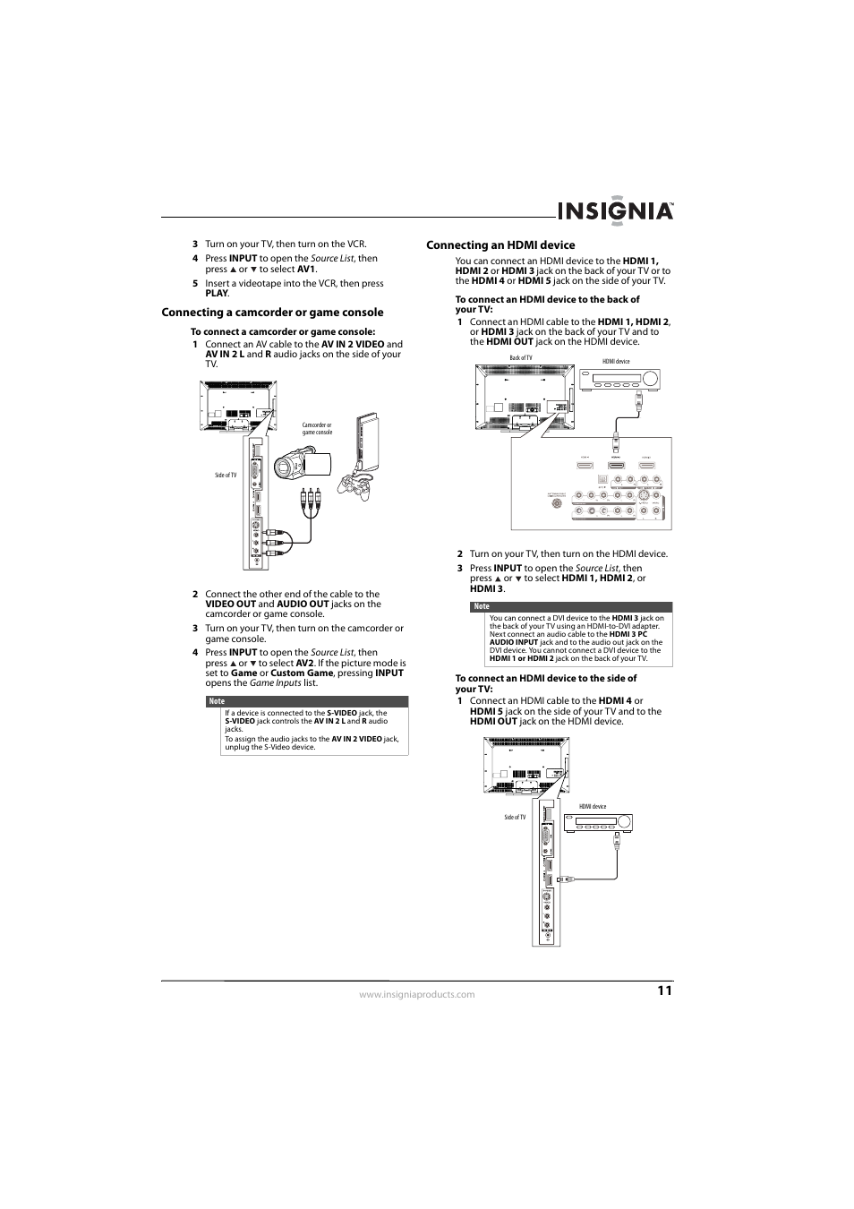 Connecting a camcorder or game console, Connecting an hdmi device, See “connecting an hdmi device | See “connecting an hdmi device” o | Insignia NS-L55X-10A User Manual | Page 15 / 60