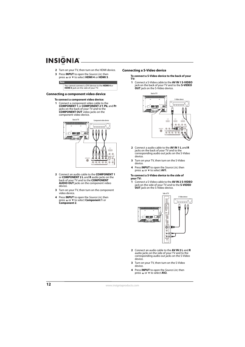 Connecting a component video device, Connecting a s-video device, Ee “connecting a component video device | Ee “connecting a s-video device, E “connecting a s-video device | Insignia NS-L55X-10A User Manual | Page 16 / 60