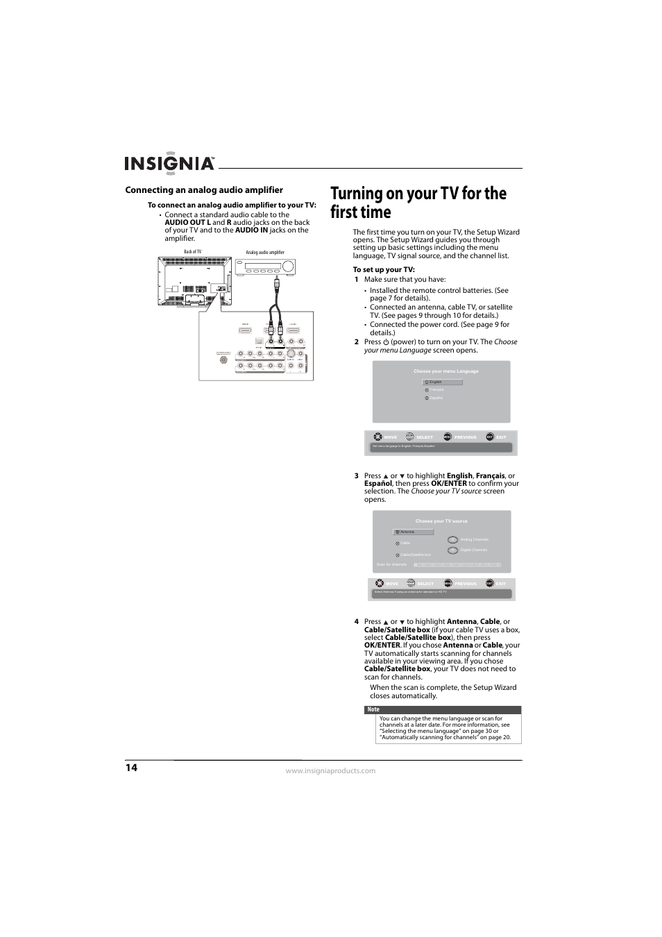 Connecting an analog audio amplifier, Turning on your tv for the first time, Ge 14 | Insignia NS-L55X-10A User Manual | Page 18 / 60