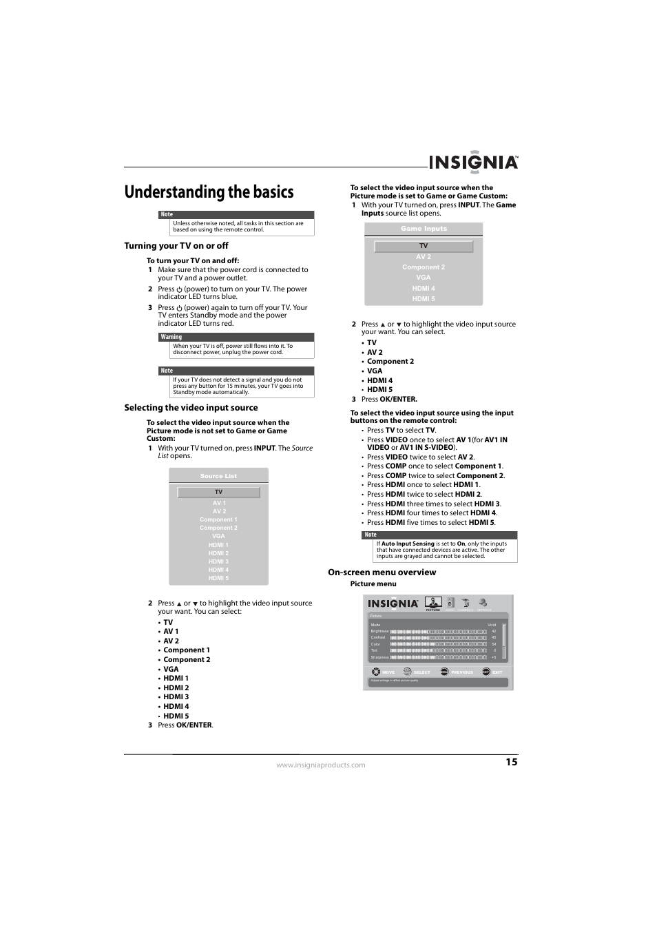 Understanding the basics, Turning your tv on or off, Selecting the video input source | On-screen menu overview, Ee “selecting the video input source, Selecting the video input source” o, Ge 15 | Insignia NS-L55X-10A User Manual | Page 19 / 60