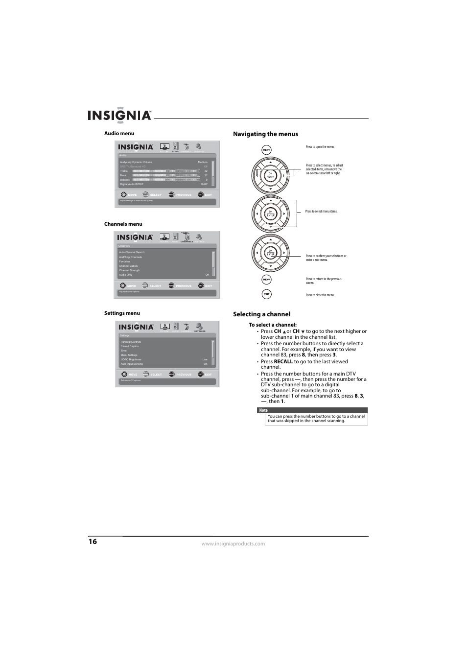 Navigating the menus, Selecting a channel, Navigating the menus selecting a channel | Ee “selecting a channel” o, Ge 16, E “selecting a channel | Insignia NS-L55X-10A User Manual | Page 20 / 60