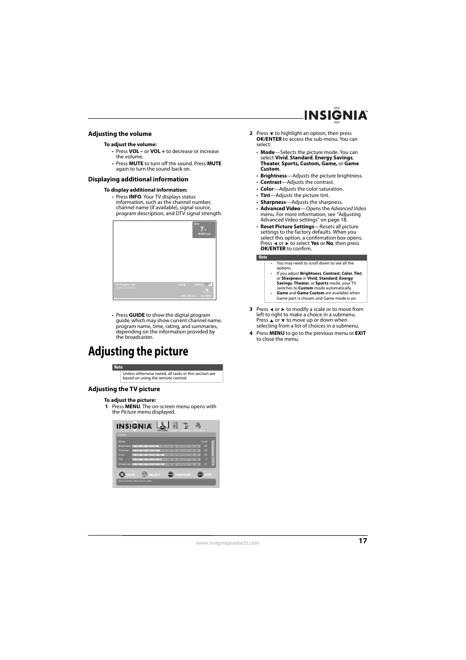 Adjusting the volume, Displaying additional information, Adjusting the picture | Adjusting the tv picture, Adjusting the tv picture” on, Ge 17 | Insignia NS-L55X-10A User Manual | Page 21 / 60